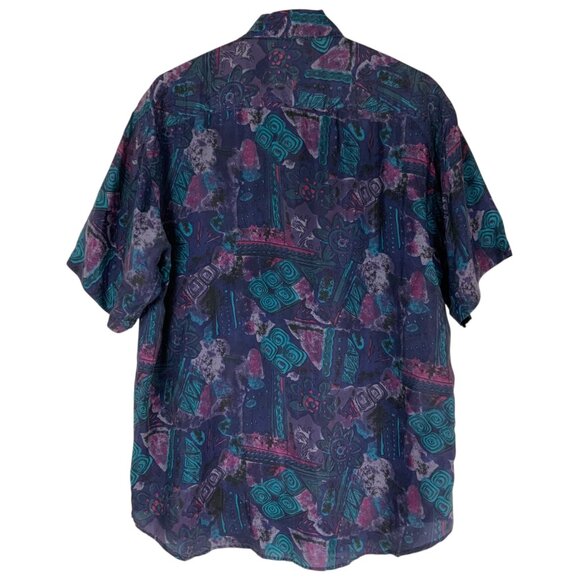 In Private Purple/Blue Geometric Print Collared Button Down Size M 100% SILK - Picture 2 of 4